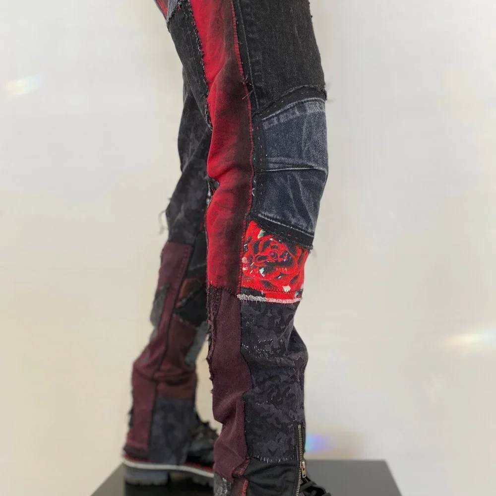 Acid Washed Black & Grey jeans with Metallic silver and CRIMSON Rose Tie Dye - Picture 9 of 17